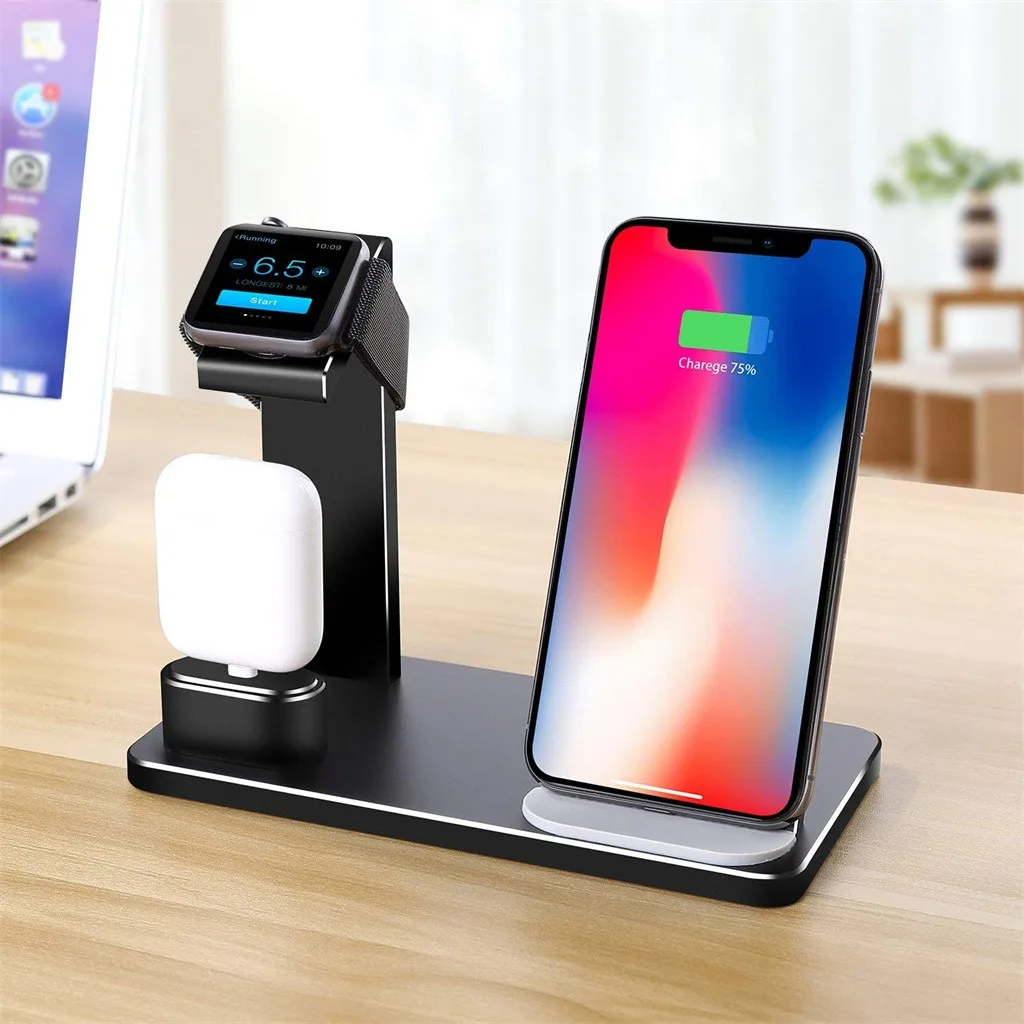 Беспроводная зарядная подставка Qi 3 в 1 для iPhone док станция Apple Watch Airpods 8 / Plus X/Xs /XS