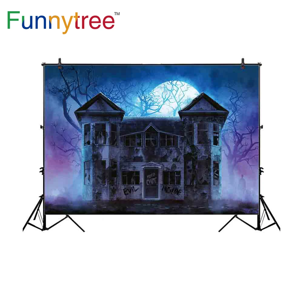 

Фон Funnytree для фотостудии Хэллоуин брошенное здание Ночь Луна туман лес фотография Фон фотосессия реквизит