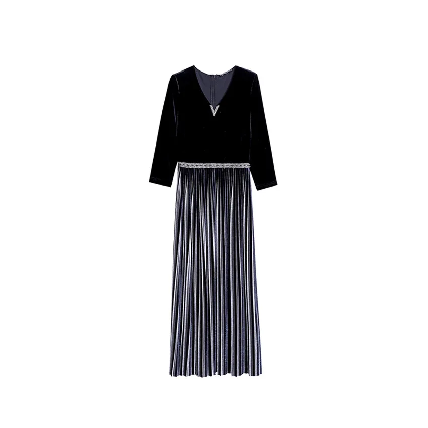 4XL Plus Size Dresss Women V-Neck Vintage Dress High Quality Fashion 2020 Ladies Black Velvet Pleated Midi-Calf Robe Femme | Женская