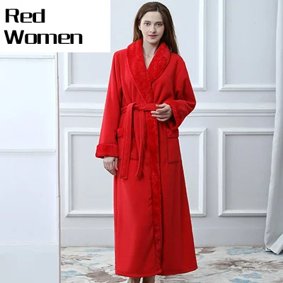 Red women Хит, для влюбленных, двойной слой, уплотненный, удлиненный зимний халат для женщин и мужчин, термальное кимоно из рунной шерсти, банный халат, теплые халаты, Халат - Цвет: Red women