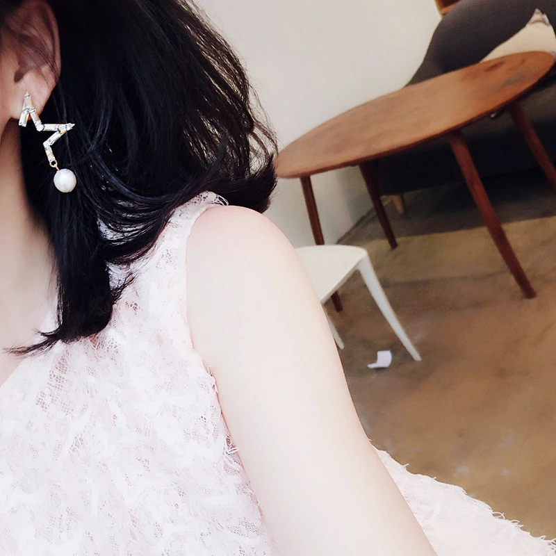 JZTOP Star Crystal Stud Earrings Imitation Pearl Rhinestone Five Pointed Asymmetrical For Woman Oorbellen Jewelry | Украшения и
