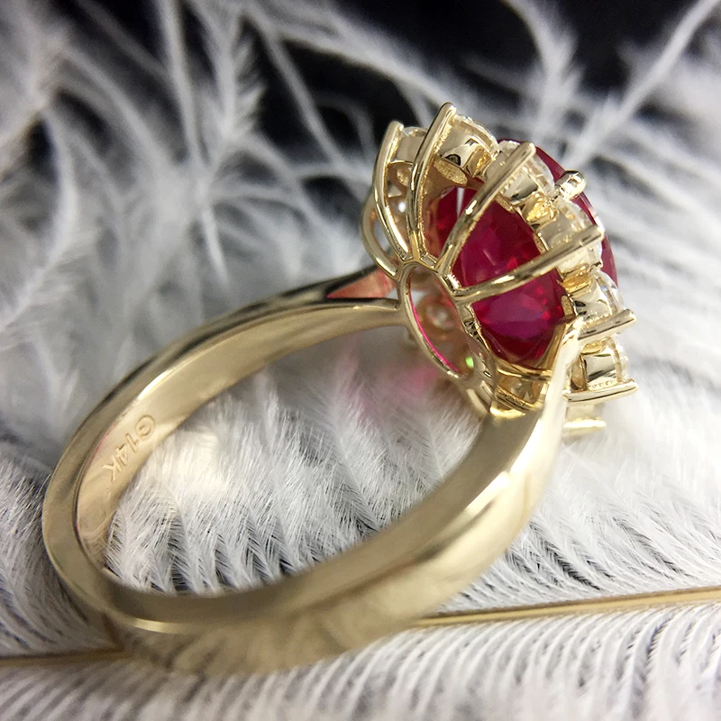 Genuine Woman Engagement Rings 8x10mm Lab Ruby with Moissanite Jewelry Solid 14K Yellow Gold Ring Classic Lady | Украшения и