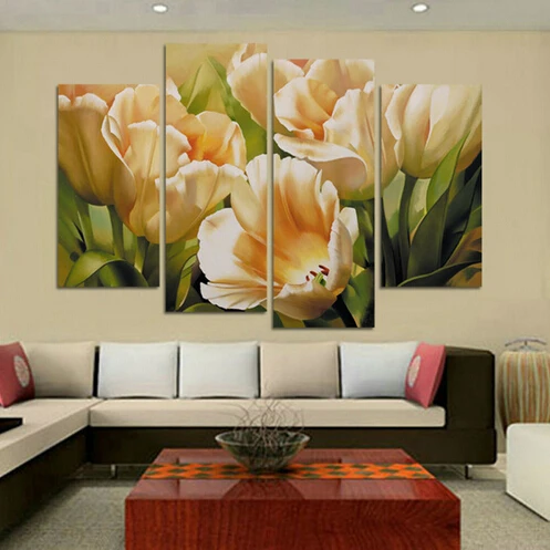 Модная Настенная картина на 4 панели маслом холсте картины с цветами тюльпанов