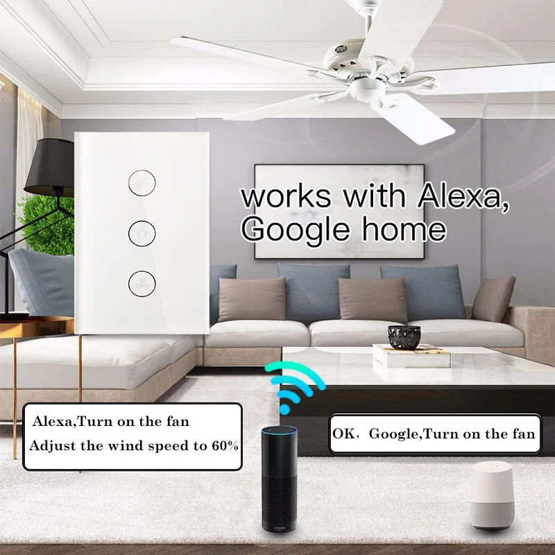 EU WiFi Celling Fan switch Glass panel App remote control Smart home with Google and Alexa support voice | Обустройство дома