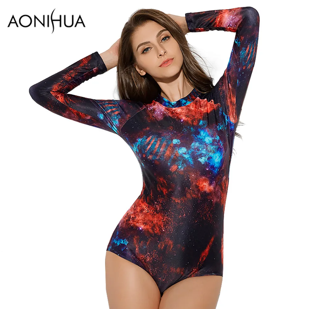 AONIHUA Cosmic Star Цельный купальник для женщин 2018 новый с длинным рукавом на молнии