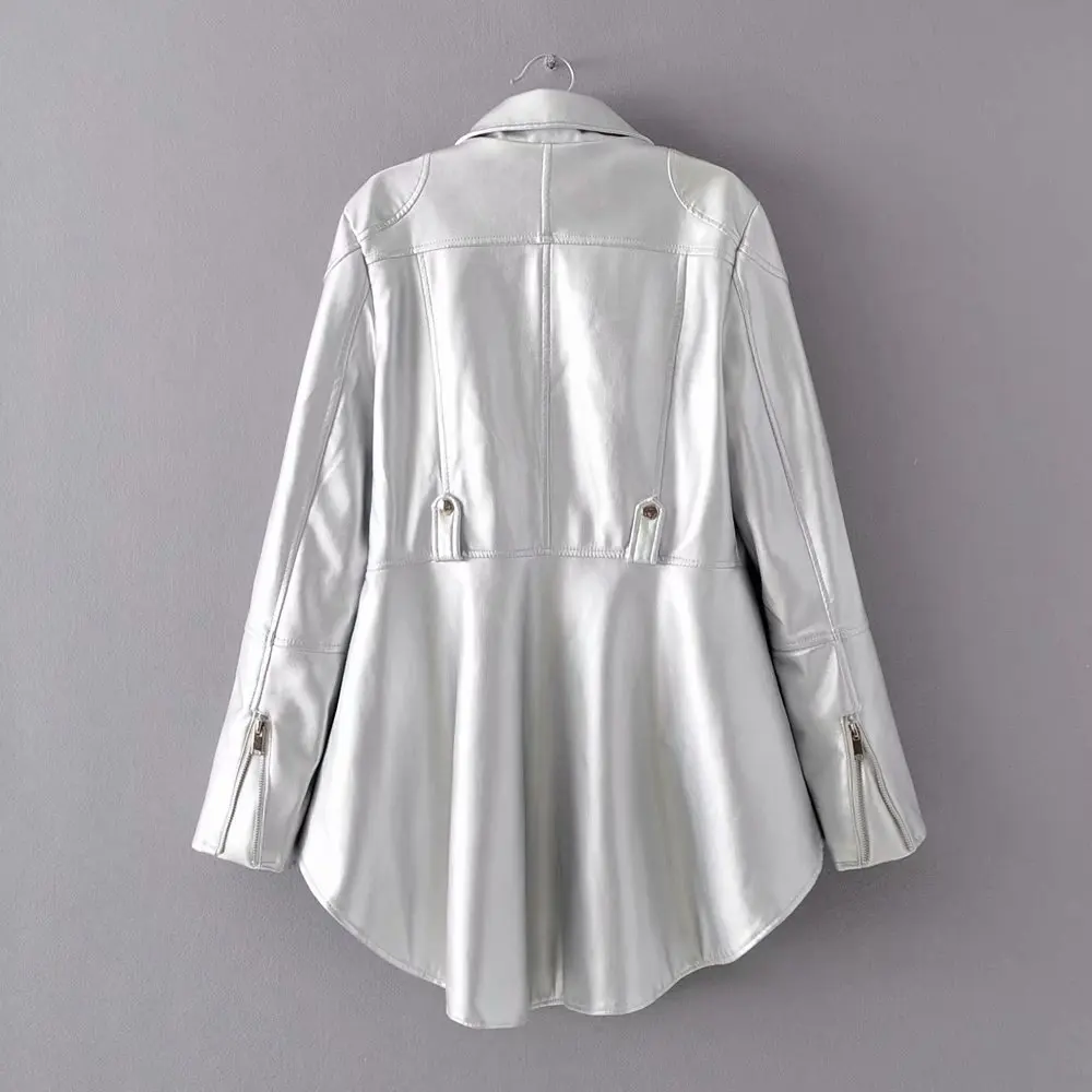 

Casual Women PU Leather Jacket Fashionable asymmetrical Black Sliver Gold Faux Leather Female Coat