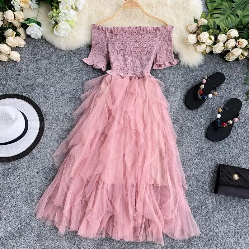 Розовый ALPHALMODA, Дамское милое бальное платье, платье с эластичным верхом, с открытыми плечами, неровное, гофрированное, Сетчатое, лоскутное, для женщин, Ретро стиль, принцесса, vestidos - Цвет: Розовый