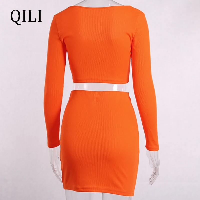 

QILI Women Sexy Off Shoulder Long Sleeve Dress Green Orange Button Pit Two Piece Set Mini Dresses Elegant Lady Party Dress