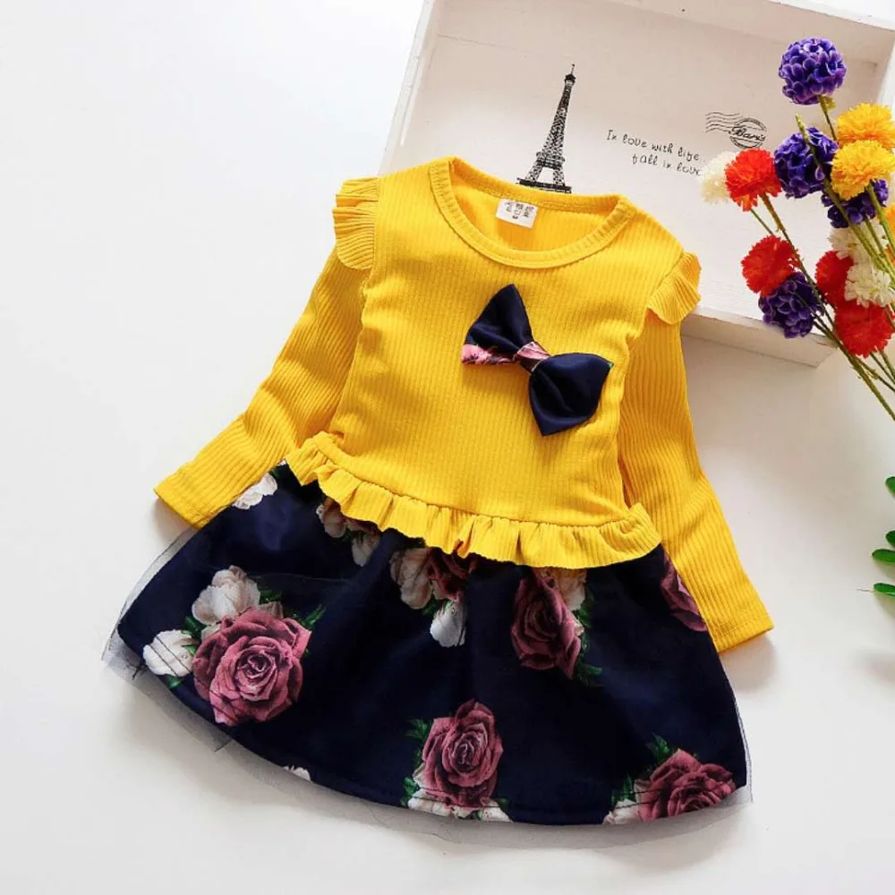 

2019 autumn spring New Girl Dress baby Girls Long sleeve bow Floral Party Dresses girl clothing dress