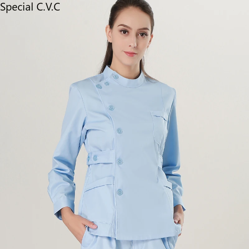 blue set Женская мода скраб набор медицинская Униформа Стенд воротник короткий рукав сторона открытие спереди скрабы Топы+ брюки клиника униформа - Цвет: blue set