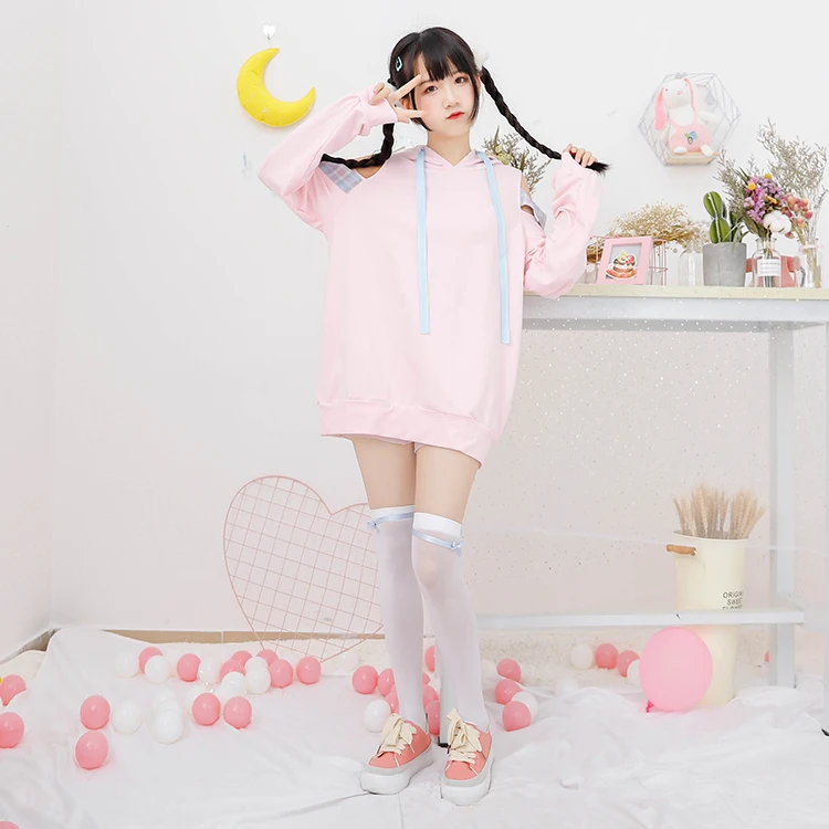 Япония Косплей каваи толстовки Harajuku Лолита милые с открытыми плечами клетчатые женские розовые Кофты модные на шнуровке Сексуальные Девушки пуловер