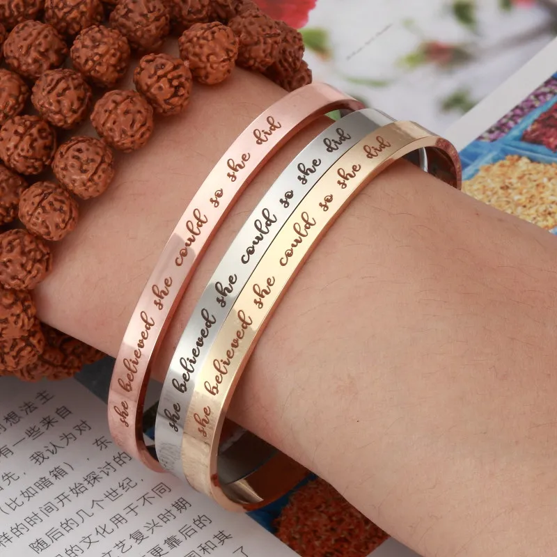 

2018 New 6mm Personalized She believed she could so she did stamped Cuff Inspiration Mantra Bracelet Bangle 10pcs/lot