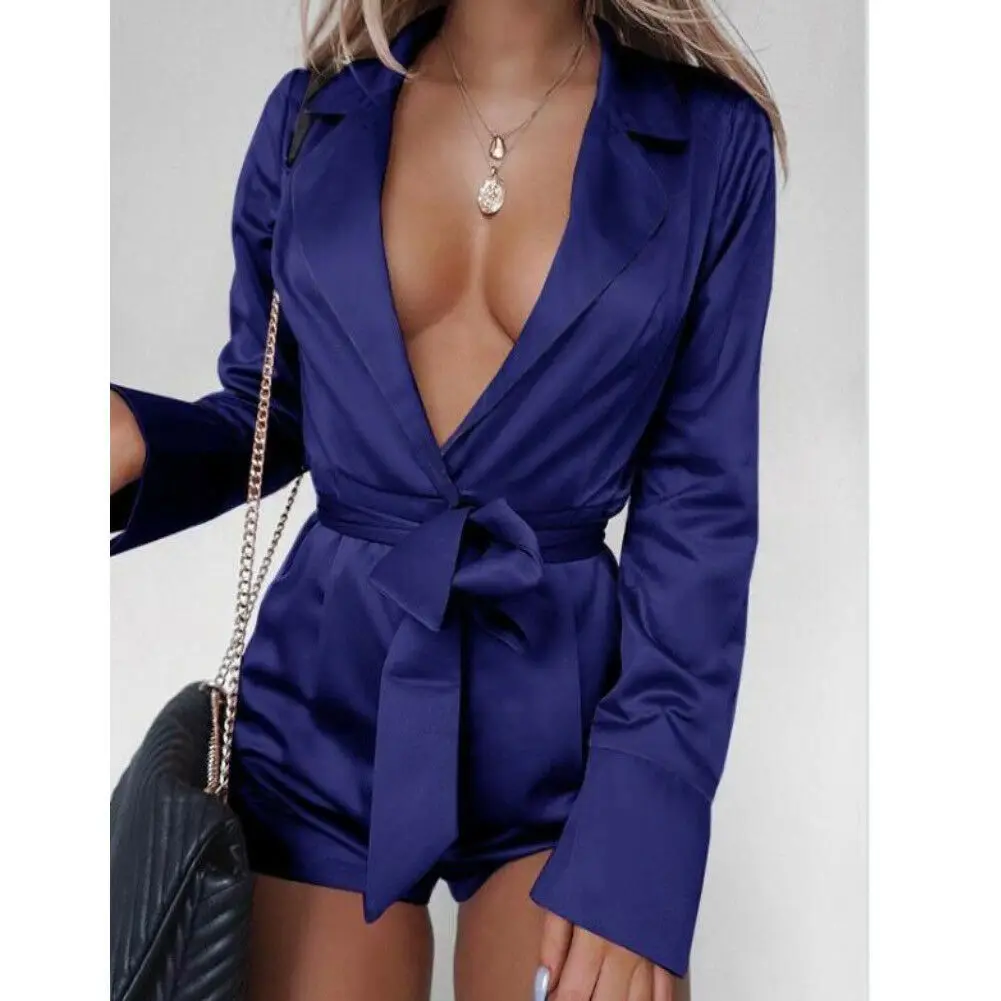 

Women Long Sleeve Playsuit Bodycon Satin Short Jumpsuit V-neck Casual Romper Sleepwear