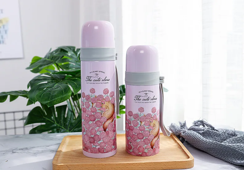 Розовый Bpa-Free 350/500 мл, вакуумные колбы Портативный силикагель веревка из нержавеющей стали Термос бутылка для воды мокко Олень Печать термос чашка - Цвет: Розовый