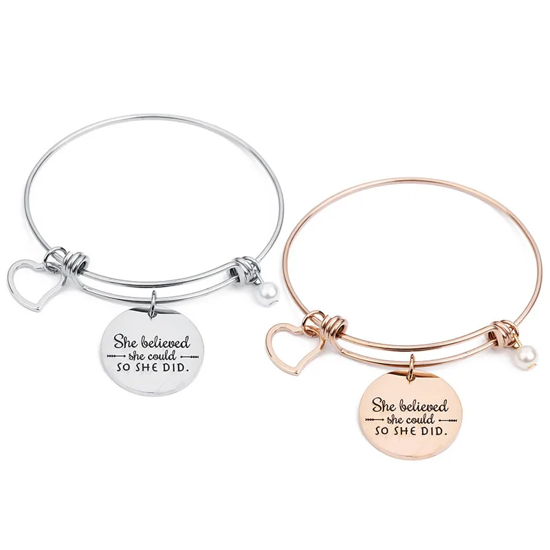 XINYAO Stainless Steel Round Heart Pearl Charms Bangle Bracelet Engraved She Believed Could So Did Love Bracelets Femme | Украшения и