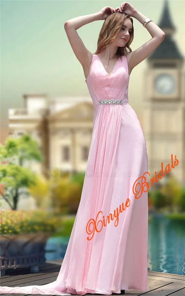 V neck Empire Waist Rhinestone Beading shape Back With Long Band Floor Length Beach Pink Evening Dress|beaded jumpsuit|beaded bikinibeaded leather