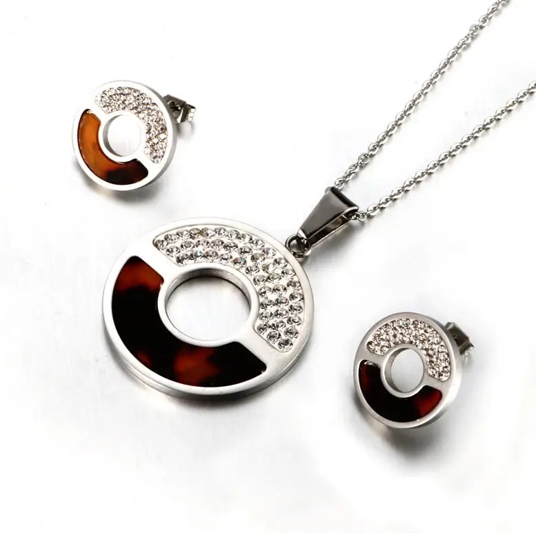 red and silver Золотой цвет из нержавеющей стали круглый CZ камень кулон ожерелье серьги Ювелирные наборы Стразы бусины синий камень для женщин ювелирные изделия - Окраска металла: red and silver