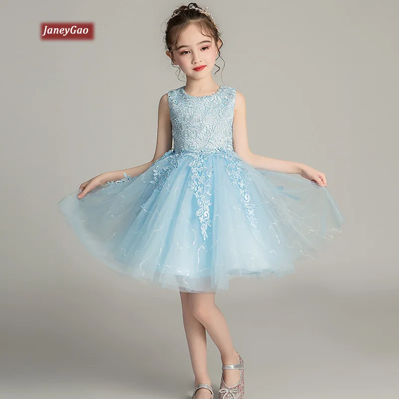 sky blue JaneyGao/Платья с цветочным узором для девочек для свадебной вечеринки; торжественные платья для маленьких девочек; милое летнее платье для дня рождения; Цвет Небесно-голубой, розовый, белый; Новинка - Цвет: sky blue