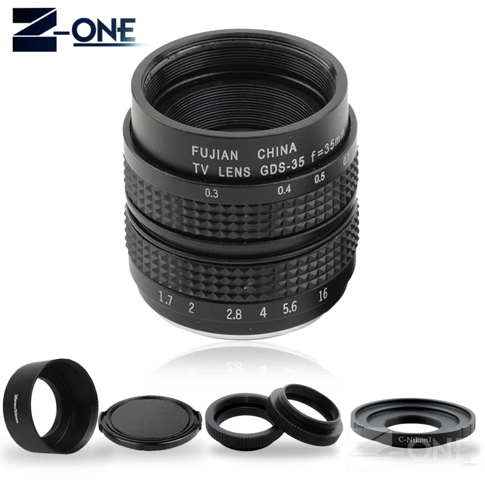 Фуцзянь 35 мм F1.7 CC TV Movie lens + C Mount Macro ring металлическая бленда для объектива Nikon 1 AW1 S2 J5