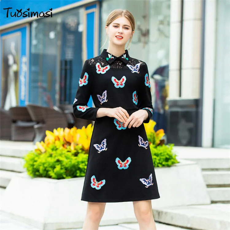 2018 весна осень Черный Роскошный тонкий ПР посадочных полосах embroiderymulti бабочка