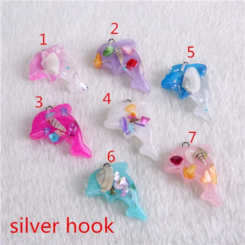 silver hook 20 шт. 33*23 мм океан серии Подвески Дельфин с оболочкой плоские резиновые Кабошоны Подвески на брелки для ключей для DIY украшения ювелирных изделий - Окраска металла: silver hook