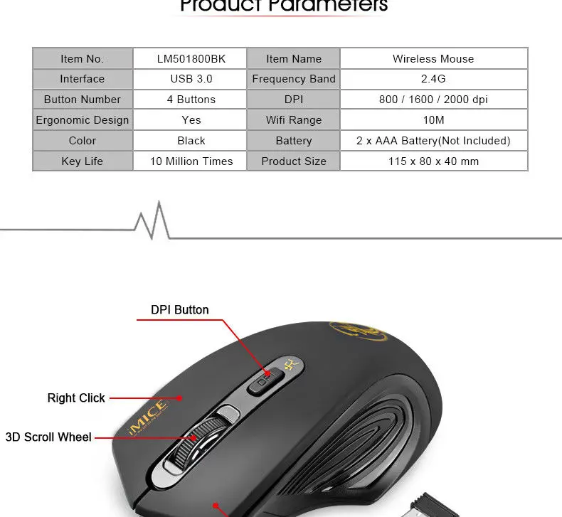 IMICE E 1800 Беспроводной Мышь 2000 Точек на дюйм регулируемый USB 3 0 приемник компьютера 2