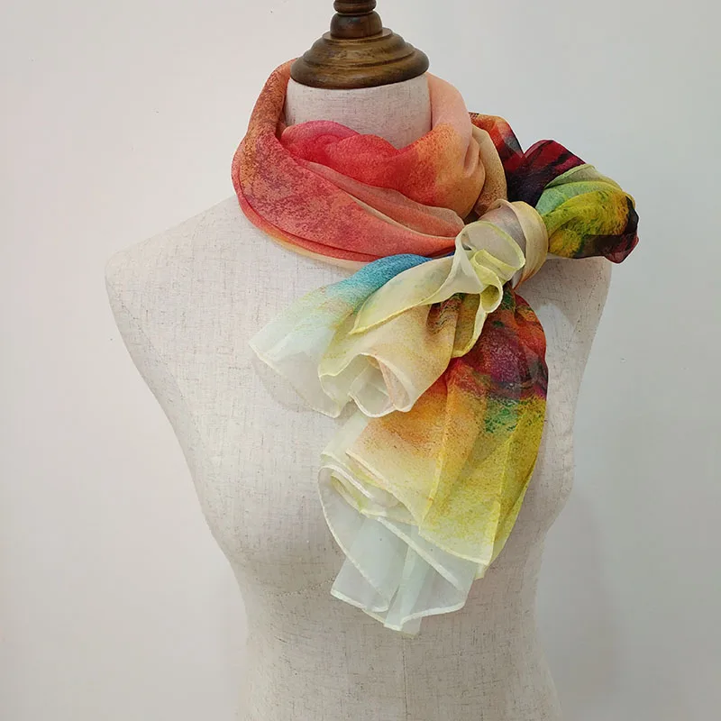 

2018 Fashion Adult Woman 100% Silk Printing Long Scarf Rainbow