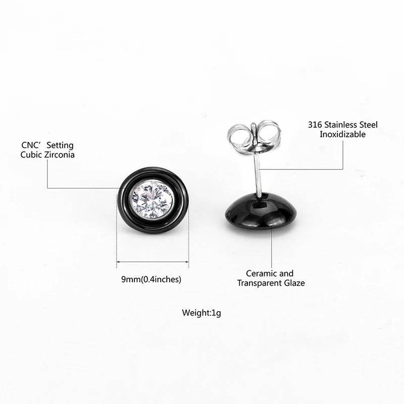Серьги гвоздики женские керамические с кристаллами и цирконом|stud earrings black|stud