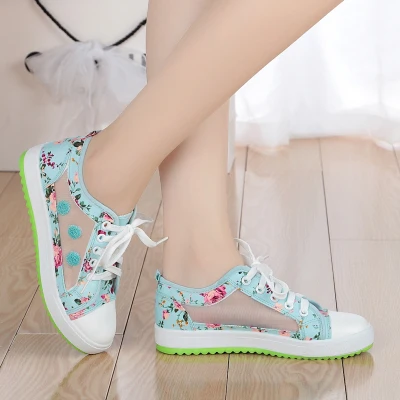 2018 Spring Fall Flat Canvas Shoes Big Girls Casual Floral High Top Mesh Gauze Splicing Sandals Kids Sports G602 | Детская одежда и