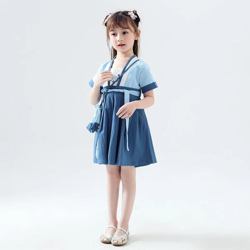 Chinese Style Blue Folk Dance Costume Kids Hanfu Clothes Girls Ancient And Traditional Tang Suit Wear DQL477 | Тематическая одежда
