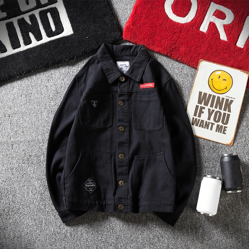 

Vintage denim jacket men loose fit casual coat fashion pockets bronze metal button single breasted outerwear plus size M - 5XL