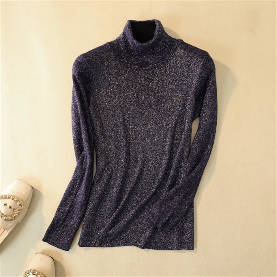2018 Shiny Lurex Turtleneck Sweaters and Pullovers Casual Long Sleeve Pullover Slim Tops Female High Elastic Jumper | Женская одежда