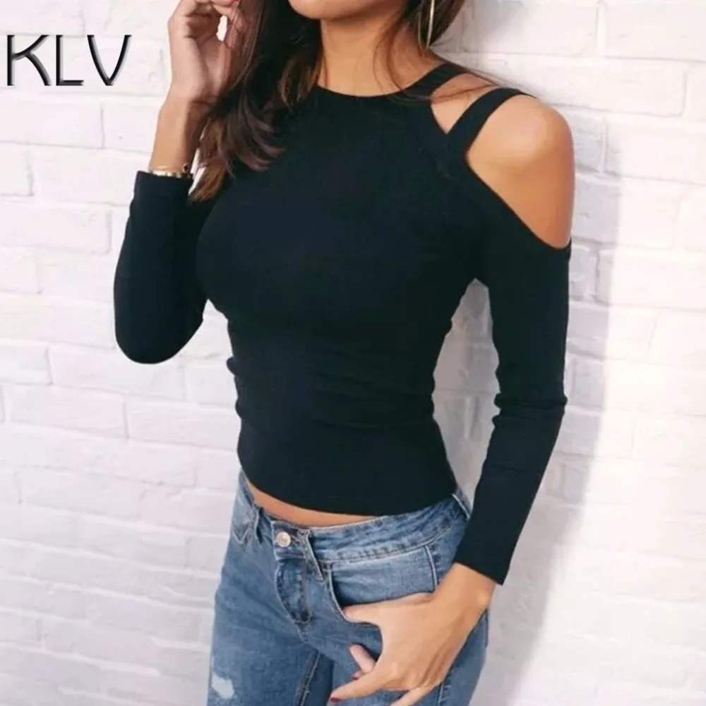 Fashion Women Sexy Knitted Long Sleeve Cold Shoulder Bandage Slim Fit Knitted Crop Tops Pullover 2018 New KLV