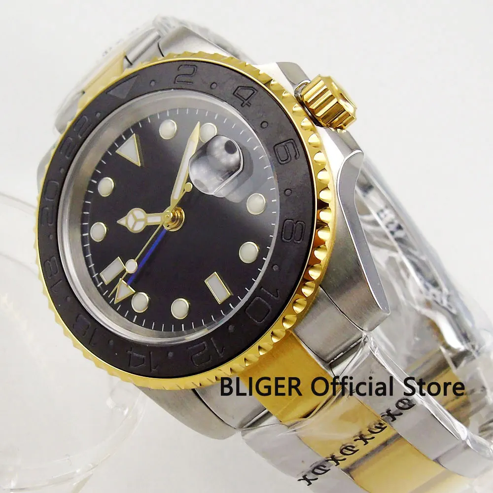 

BLIGER Sterile Dial Sapphire Glass Automatic Men's Watch With Gold Plated Bracelet Auto Date Window 40mm Wristwatch