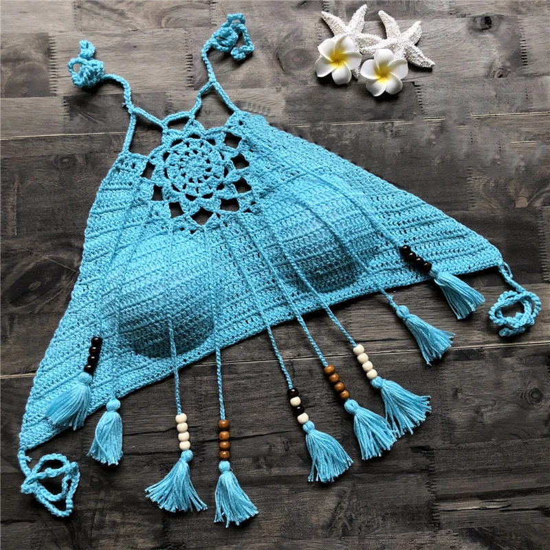 Sky Blue Женские топы на бретельках, сексуальные вязаные крючком топики с бахромой, вязанные, Boho, для отдыха, пляжа, летние, модные, морские, одноцветные топы с кисточками - Цвет: Sky Blue