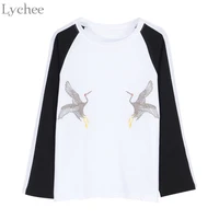 lychee harajuku spring autumn women t shirt crane print patchwork casual loose long sleeve t shirt tee top