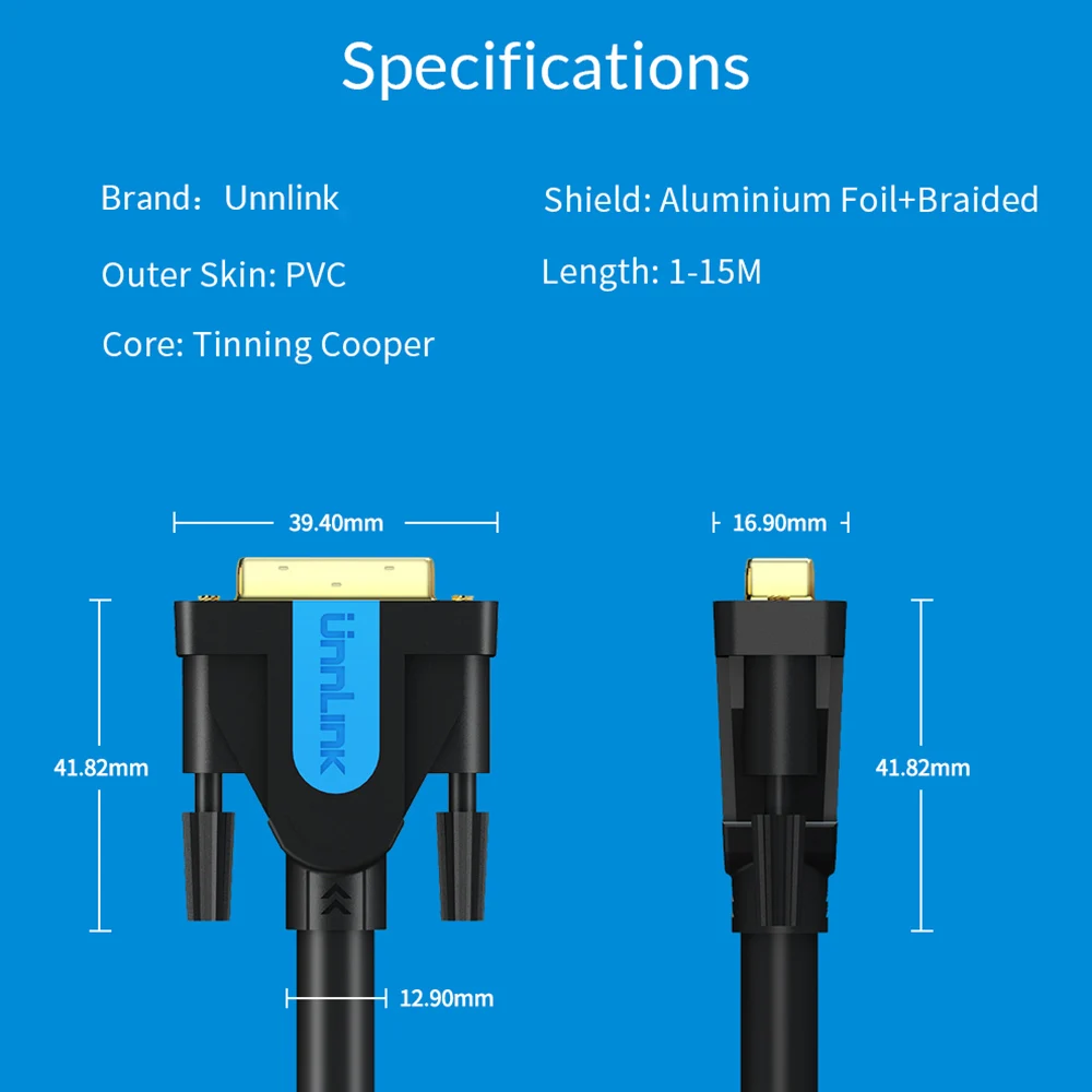 Unnlink DVI Cable DVI D 24+1 4K Dual Link Channel 1080P 144Hz 1.5M 3M 5M 8M 15M for graphic card PC Monitor projector computer images - 6