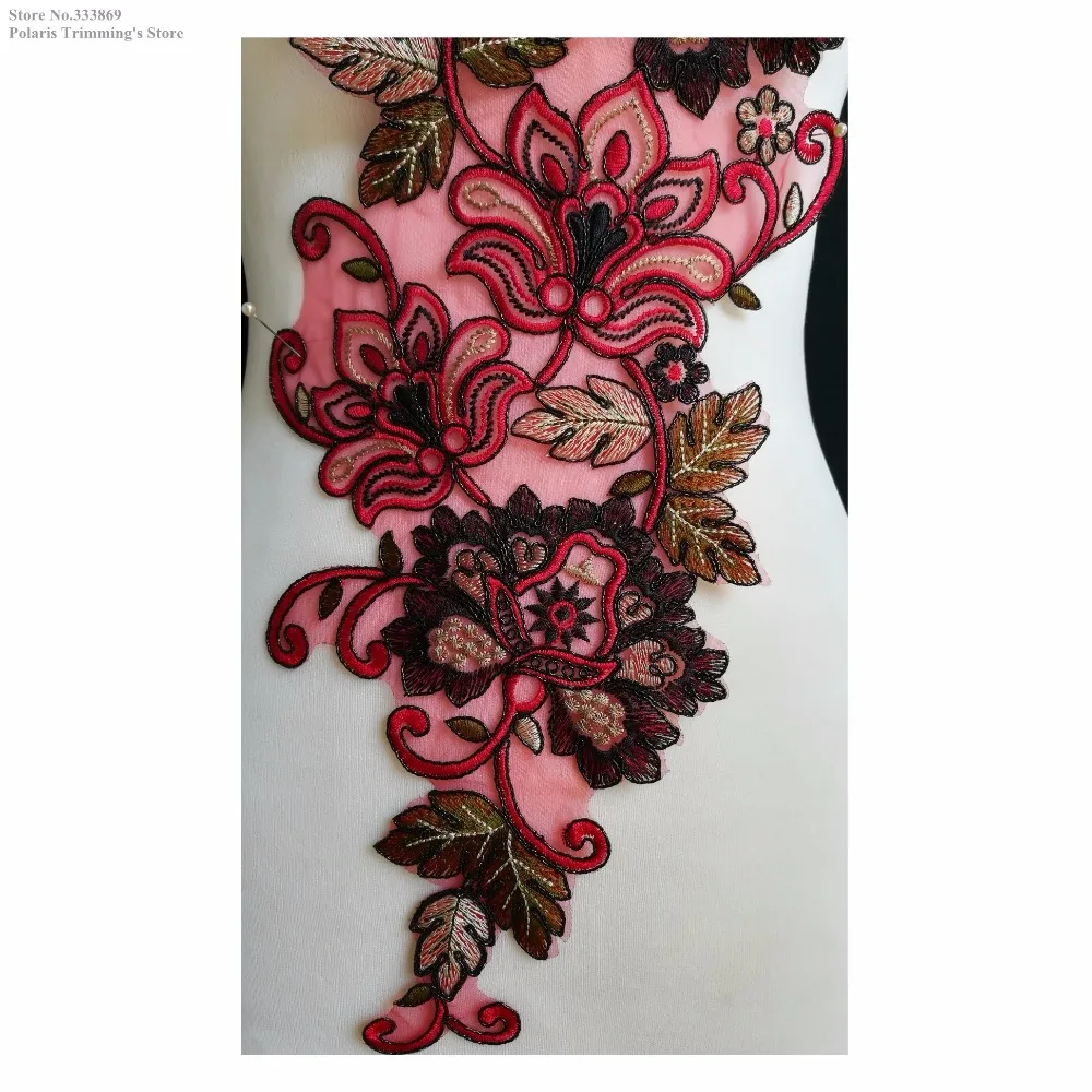 New Red/Black Flower Embroidery Patches Appliques Neckline Collar Dance Costume DECOR DIY Apparel Sewing Fabric PBNC136E | Дом и сад