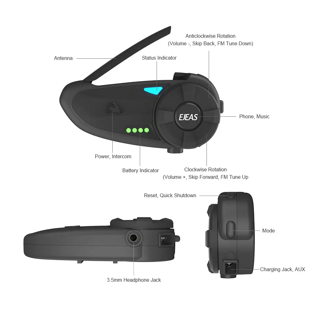 EJEAS Quick20 Bluetooth 4 2 Мотоцикл гарнитура для внутренней телефонной связи Raid пара 1 км с