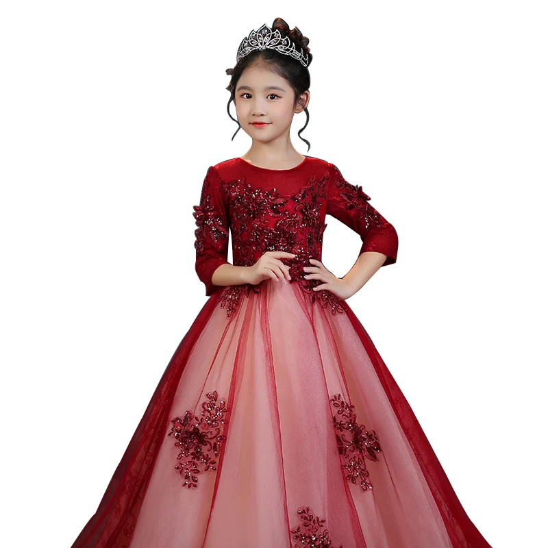 

Children Girls Fashion Wine-red Princess Birthday Wedding Model Show Long Tail Dress Teens Kids Host Pageant Evening Dress Wear