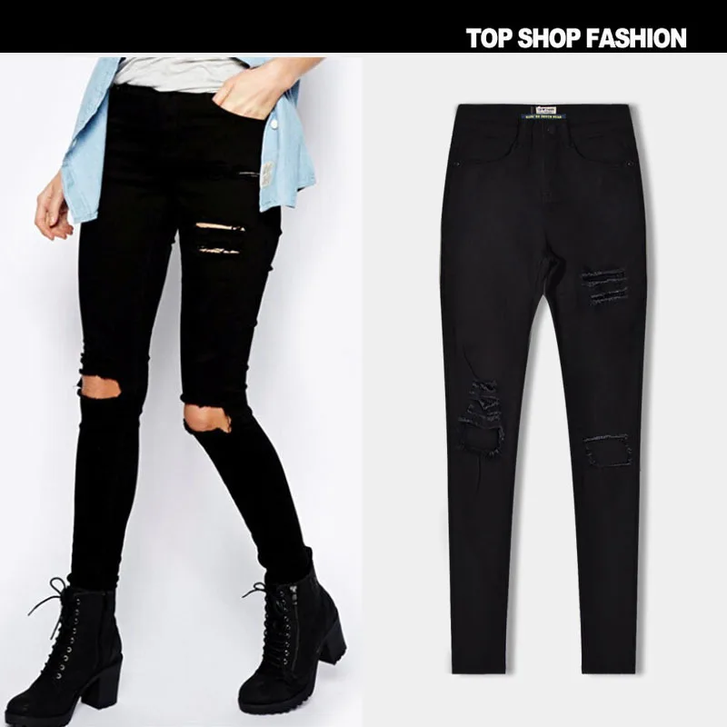 

New European Street, European and American street hole beggar repair beggar wash jeans black increase code pants