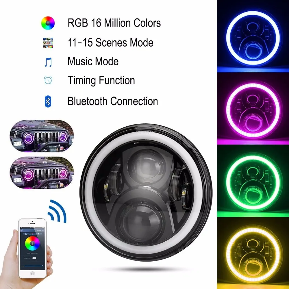 Светодиодные фары и противотуманные 2x7 дюймов + 4 дюйма Halo RGB DRL для jeep Wrangler JK