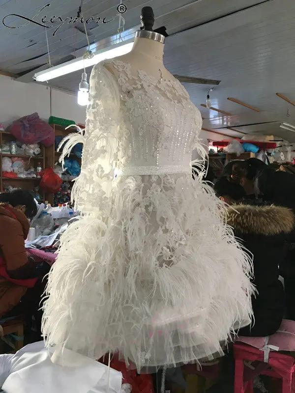 Фабрика роскошные Перья короткие свадебные платья 2017 кружево Аппликация aequine