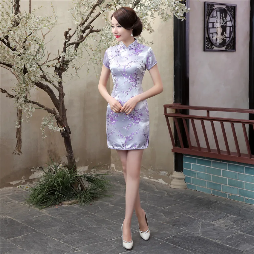 Традиционное китайское платье Qipao женское атласное короткое Ципао с цветочным