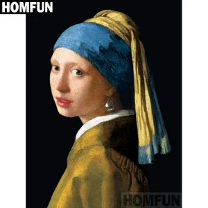 Алмазная живопись HOMFUN Девочка Жемчуг, картина из квадратныхкруглых страз сделай сам, вышивка крестиком, домашний декор, подарок, A02160