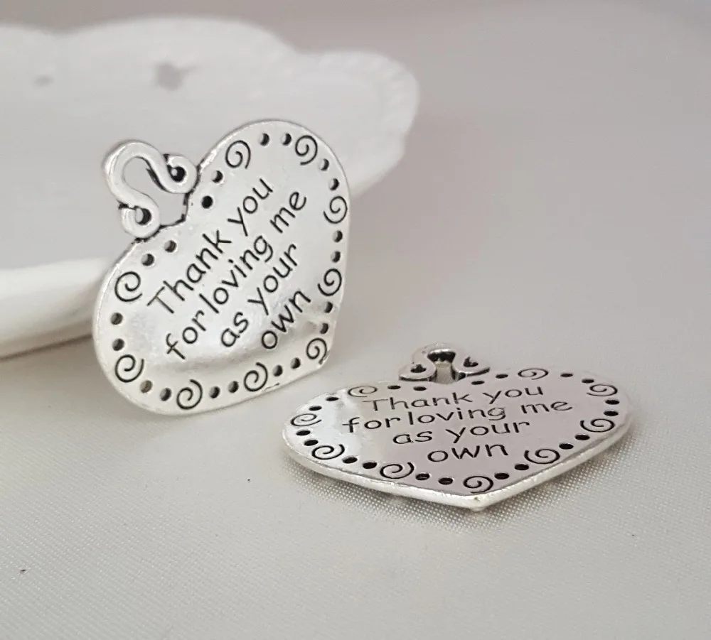 

50pcs 35*38mm Ancient silver color Heart Shape lettering Thank you for loving me as your own wedding charm pendant DIY