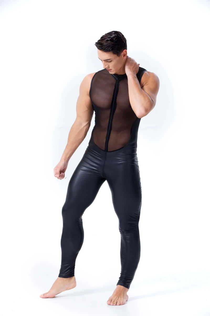 Мужская Горячая wetlook искусственная кожа сетка белье боди эротический открытый промежность костюм кошки из ПВХ молния латексный Облегающий комбинезон, фетиш одежда сексуальный костюм