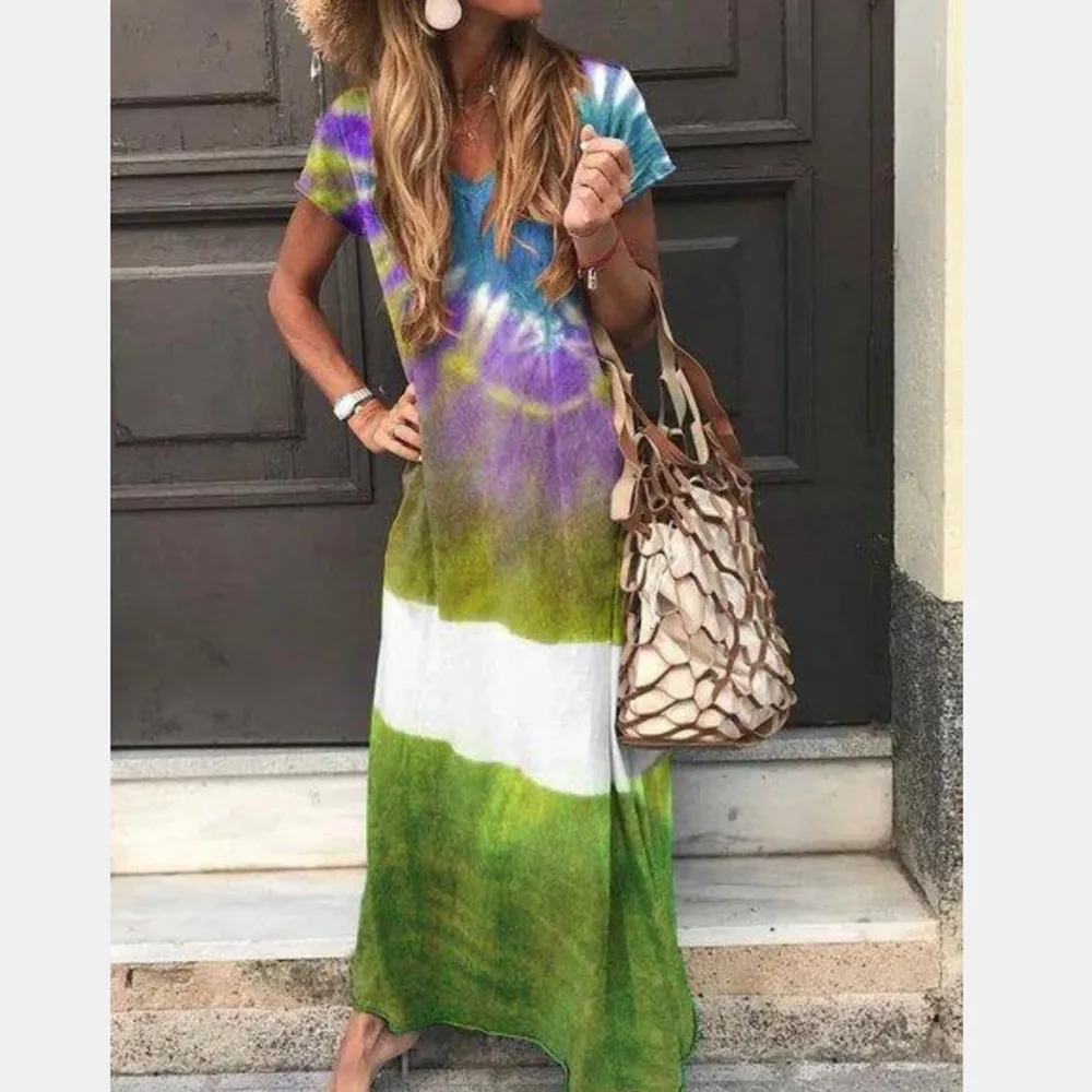 Женские Длинные Макси платья с цветным Ретро принтом v-образный вырез хлопок