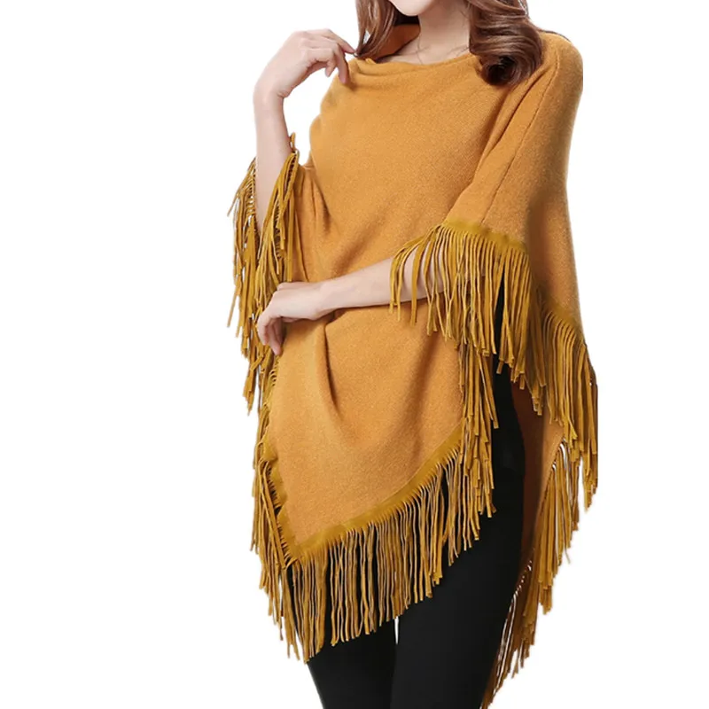 B3006 new 2020 autumn winters Women's fashion irregular batwing long Paragraph tassel cloak cape sweater coat cheap wholesale |
