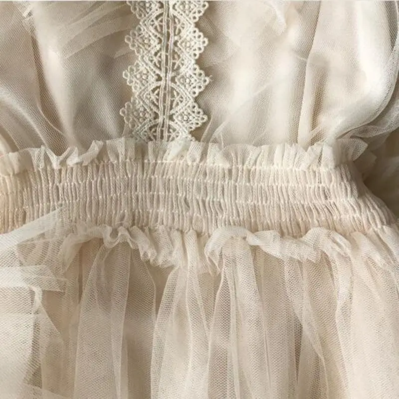

Luxury Lace 2019 Spring summer Lantern Long Sleeves Sexy Sheer Mesh Dresses Sweet Women Knee-length Crochet Dress